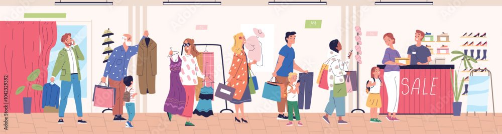 Clothing store queue. Customers standing line at cashier counter in fashion shop american mall, shoppers waiting vendors saleswoman boutique purchase, classy vector illustration Clothing store queue. Customers standing line at cashier counter in fashion shop american mall, shoppers waiting vendors saleswoman boutique purchase, classy vector illustration