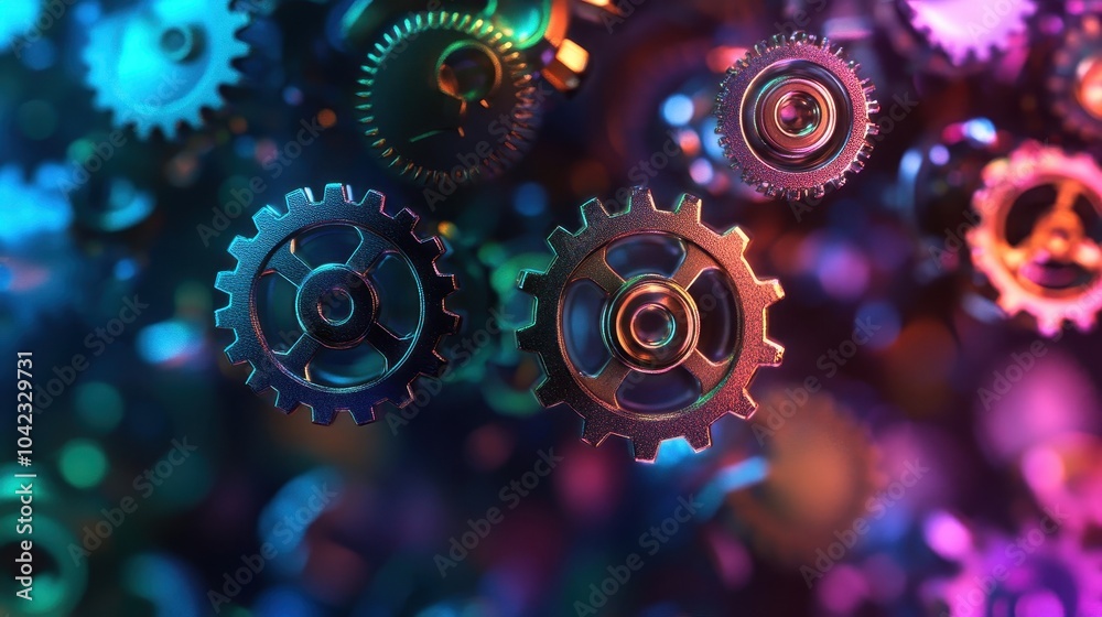 Gears and wheels float in mid-air over a deep gradient wallpaper background