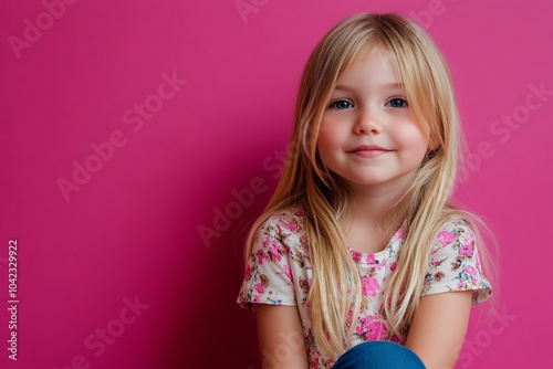 European child girl with blonde hair and fair skin, sitting on a pink background 3