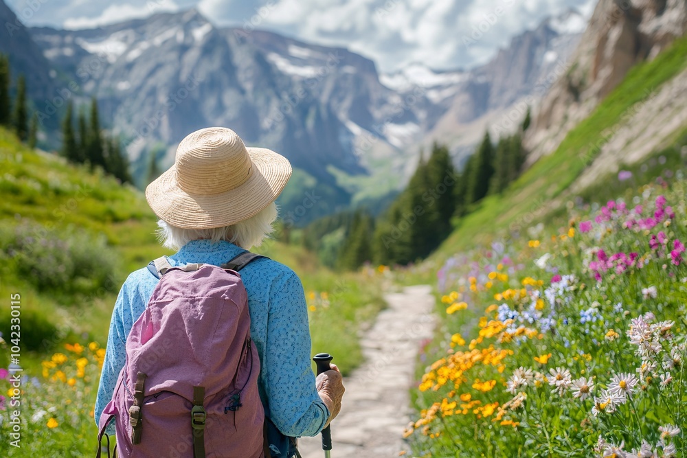 Elderly woman with white hair, wearing a sunhat and hiking clothes, walking on a mountain path with wildflowers around 3 Elderly woman with white hair, wearing a sunhat and hiking clothes, walking on a mountain path with wildflowers around 3