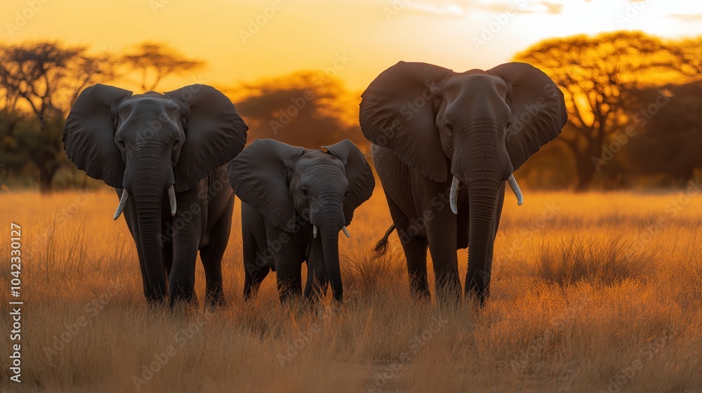 Obraz premium Majestic Elephant Family Strolling on Golden African Savannah at Sunset in Traditional Art Style