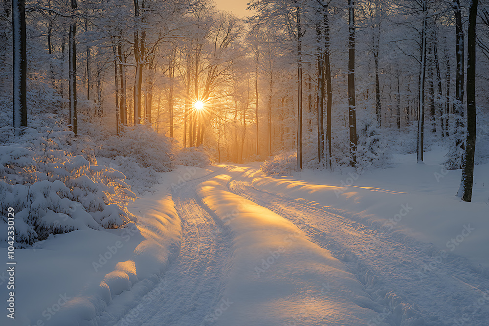 A tranquil forest covered in fresh snow at dawn, with soft morning light illuminating the trees and creating a magical ambiance.
A tranquil forest covered in fresh snow at dawn, with soft morning light illuminating the trees and creating a magical ambiance.