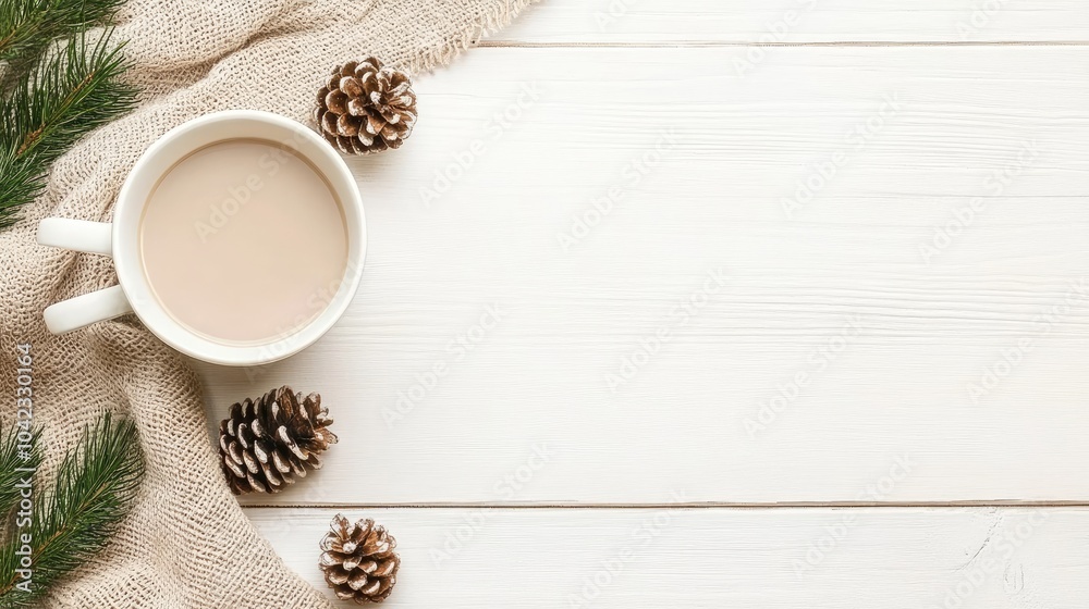 A cozy cup of hot coffee rests next to festive decorations on a textured mat, surrounded by soft bokeh lights for a warm atmosphere