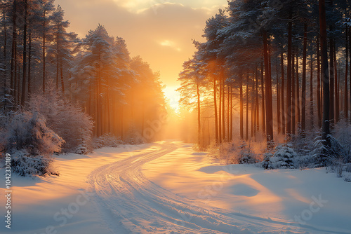 A tranquil forest covered in fresh snow at dawn, with soft morning light illuminating the trees and creating a magical ambiance.