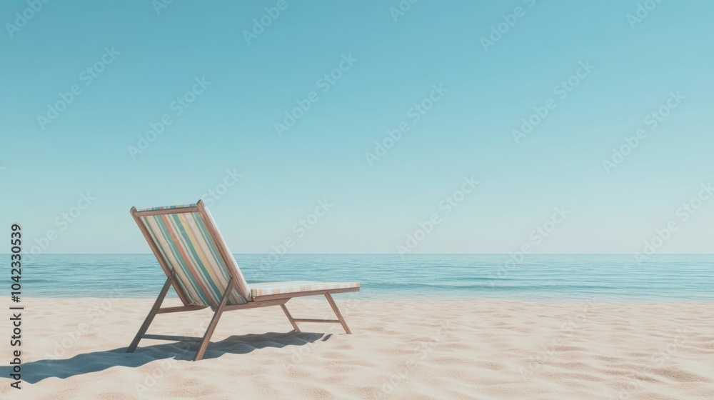 A single beach chair sits on a sandy beach with a blue sky and ocean in the background. A single beach chair sits on a sandy beach with a blue sky and ocean in the background.