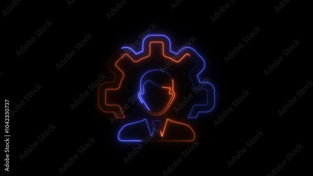 Glowing neon line Human head with gear inside icon isolated on black background.