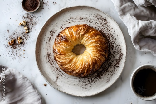 Kouign amann on a plate with beautiful decoration.	 photo