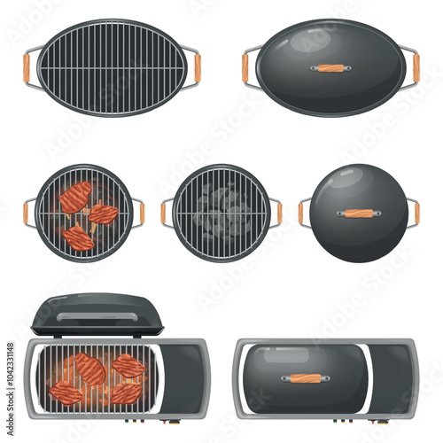 Grill top view. Isolated rounded bbq stove, empty round barbeque grills charcoal fire for cook meat outside summer picnic, coal brazier roaster oven swanky vector illustration