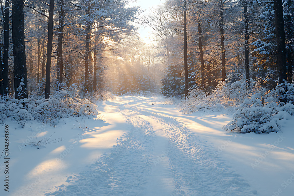 A tranquil forest covered in fresh snow at dawn, with soft morning light illuminating the trees and creating a magical ambiance.
A tranquil forest covered in fresh snow at dawn, with soft morning light illuminating the trees and creating a magical ambiance.