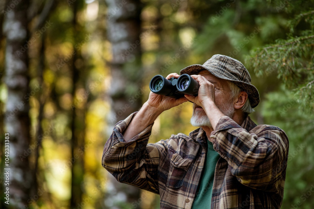 Elderly man with binoculars, wearing a flannel shirt and hat, bird watching in a rural forest 4 Elderly man with binoculars, wearing a flannel shirt and hat, bird watching in a rural forest 4
