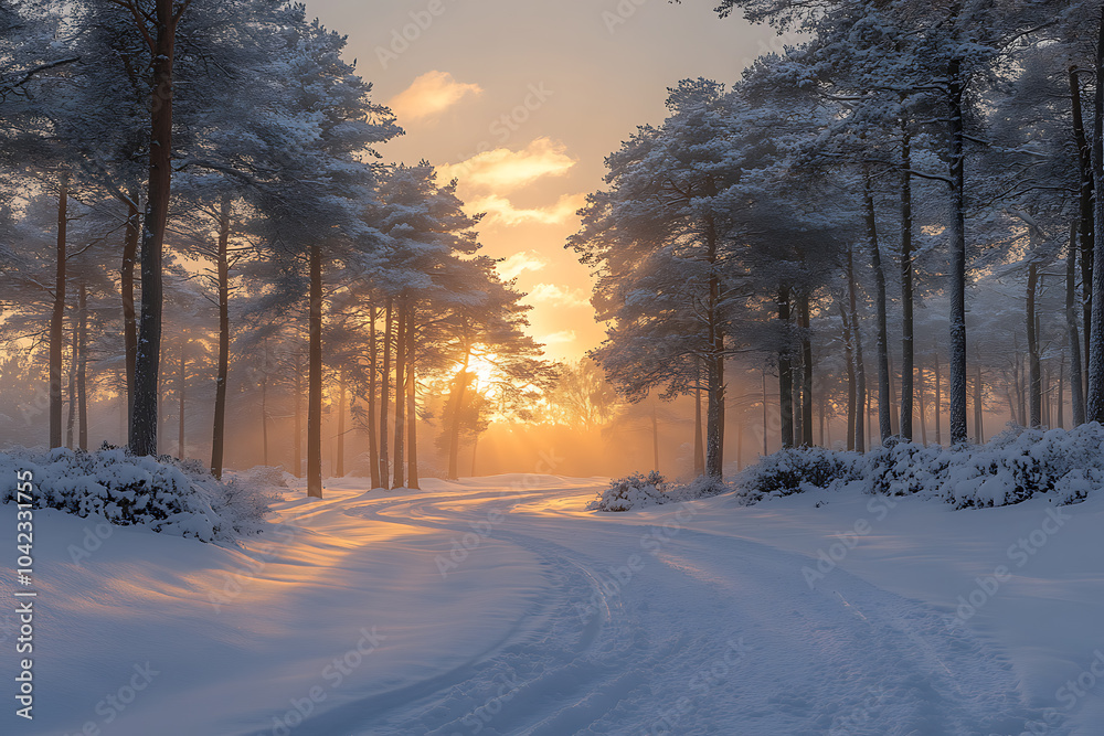 A tranquil forest covered in fresh snow at dawn, with soft morning light illuminating the trees and creating a magical ambiance.
A tranquil forest covered in fresh snow at dawn, with soft morning light illuminating the trees and creating a magical ambiance.