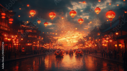 Vibrant dragon parade with glowing lanterns and fireworks illuminating the streets. AI Generative photo