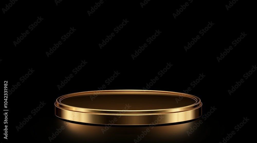 A single, circular, golden podium on a black background. The podium has a reflective surface and casts a shadow. A single, circular, golden podium on a black background. The podium has a reflective surface and casts a shadow.