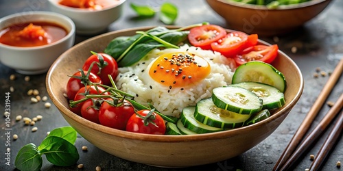 Delicious and healthy breakfast bowl with rice, egg, cucumber, tomato, and spinach drizzled with sesame oil and sriracha sauce photo