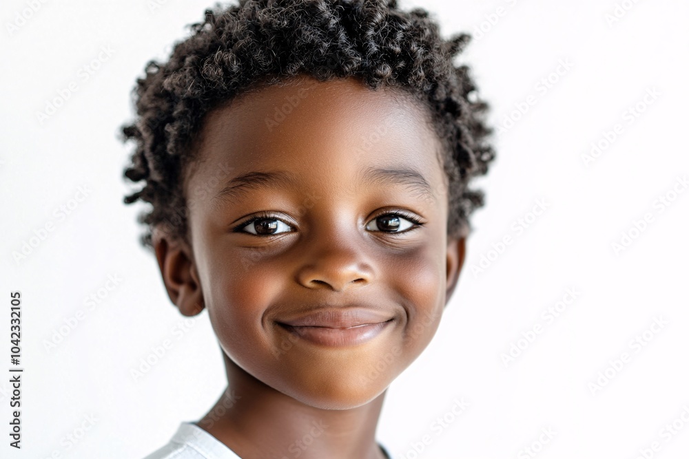 African child boy with short curly hair and dark skin, smiling on a white background 4 African child boy with short curly hair and dark skin, smiling on a white background 4