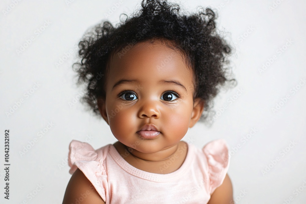 Naklejka premium African baby girl with curly hair and dark skin, sitting on a white background 4