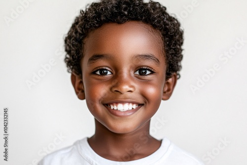 African child boy with short curly hair and dark skin, smiling on a white background 1