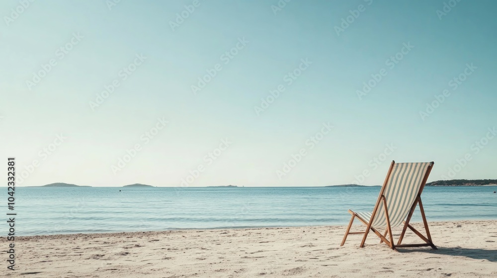 A single, striped beach chair sits on a pristine white sand beach, facing the vast blue ocean under a clear, bright sky. A single, striped beach chair sits on a pristine white sand beach, facing the vast blue ocean under a clear, bright sky.
