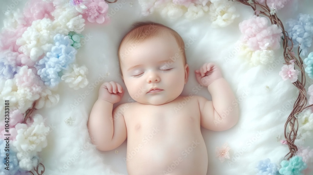 Peaceful baby sleeping surrounded by pastel flowers, creating a serene and dreamy scene, AI