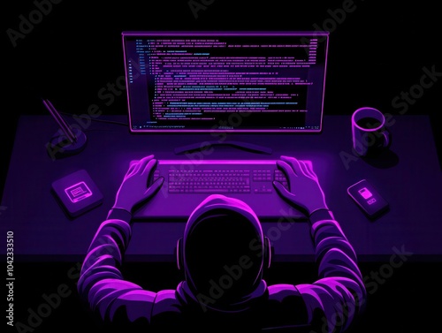 A focused individual coding in a dark environment illuminated by a purple computer screen.