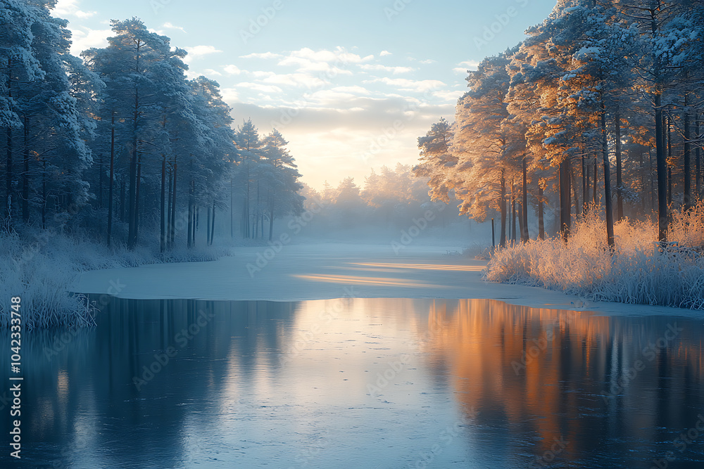 Fototapeta premium A frozen lake with a layer of ice, surrounded by snow-covered trees, and soft winter light reflecting off the icy surface, creating a serene and peaceful winter scene. 