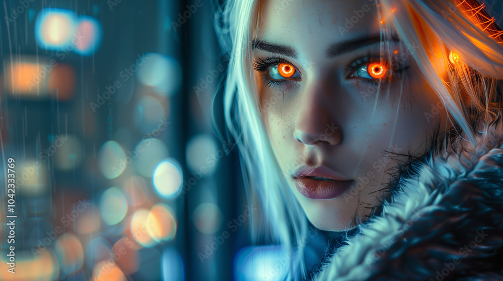 Cyberpunk woman with glowing eyes, futuristic neon background, sci-fi atmosphere, close-up portrait Cyberpunk woman with glowing eyes, futuristic neon background, sci-fi atmosphere, close-up portrait