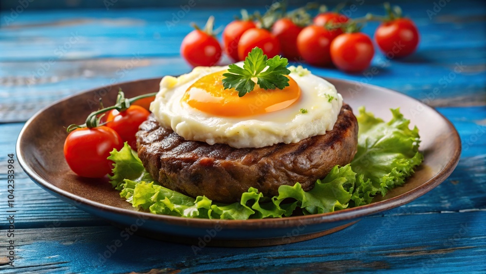 Delicious beef patty and egg with mashed potatoes and gravy on blue plate with lettuce and tomatoes Delicious beef patty and egg with mashed potatoes and gravy on blue plate with lettuce and tomatoes