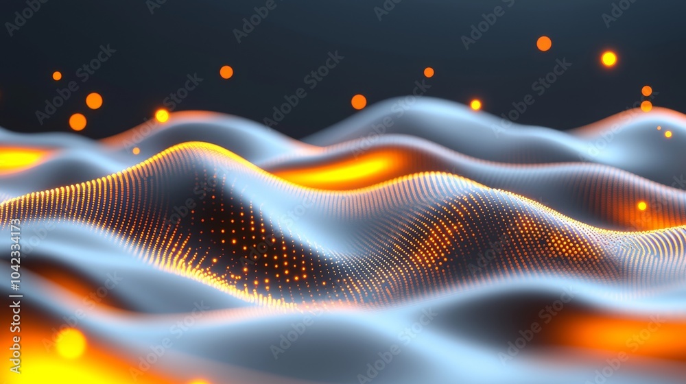 A dark background with waves of orange and blue data flowing across it provides an abstract digital landscape