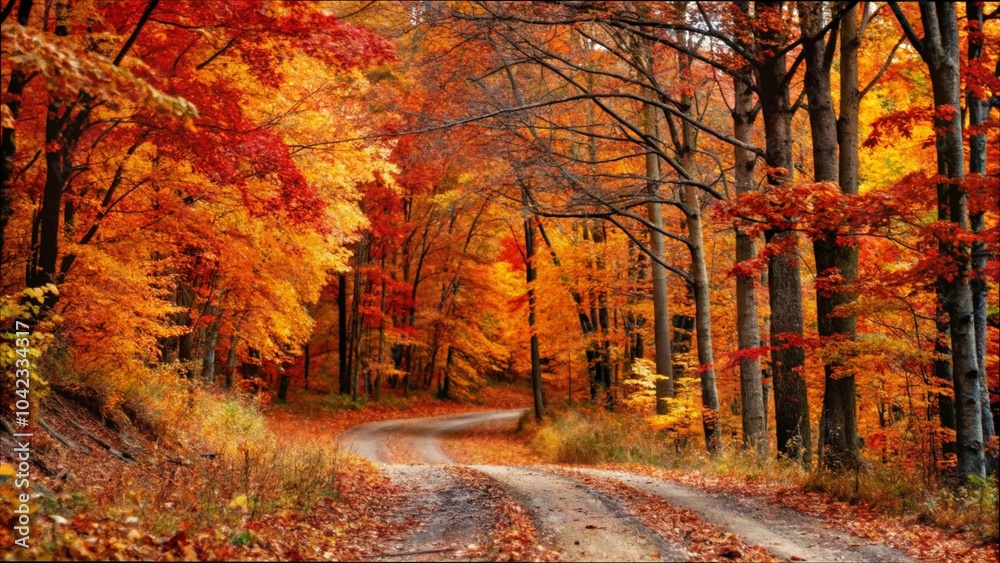 Fototapeta premium A dirt road winding through a forest of vibrant autumn trees, showcasing the beauty of fall foliage