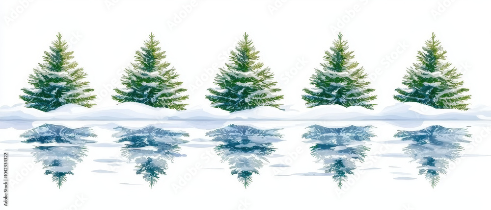 Fototapeta premium A serene winter scene featuring a row of green pine trees reflected in snow-covered water.