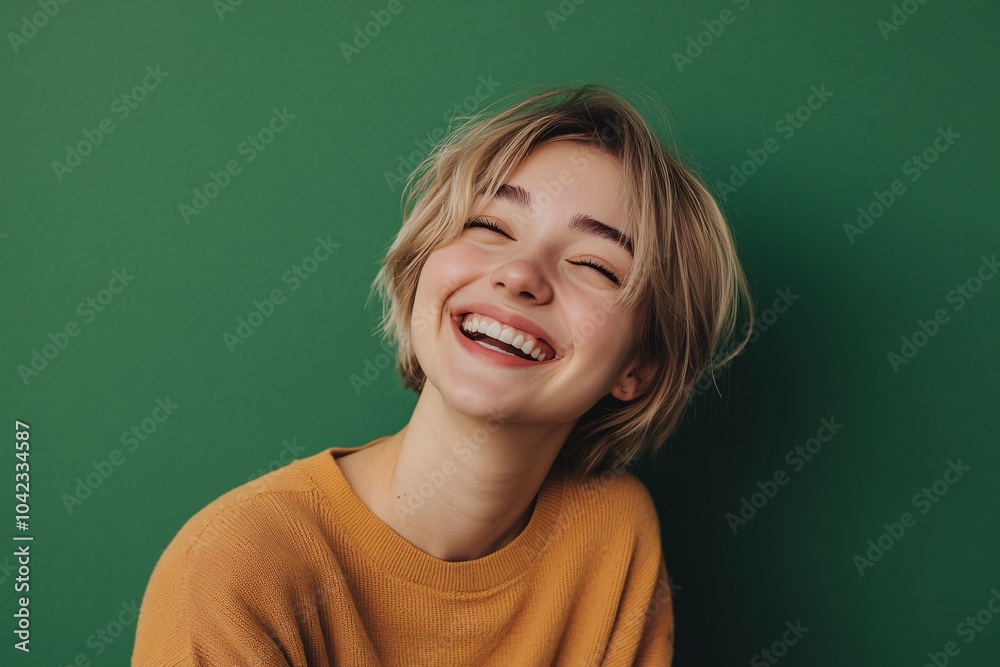 Young European woman with short blonde hair, wearing casual clothes, laughing joyfully on a green background 1 Young European woman with short blonde hair, wearing casual clothes, laughing joyfully on a green background 1
