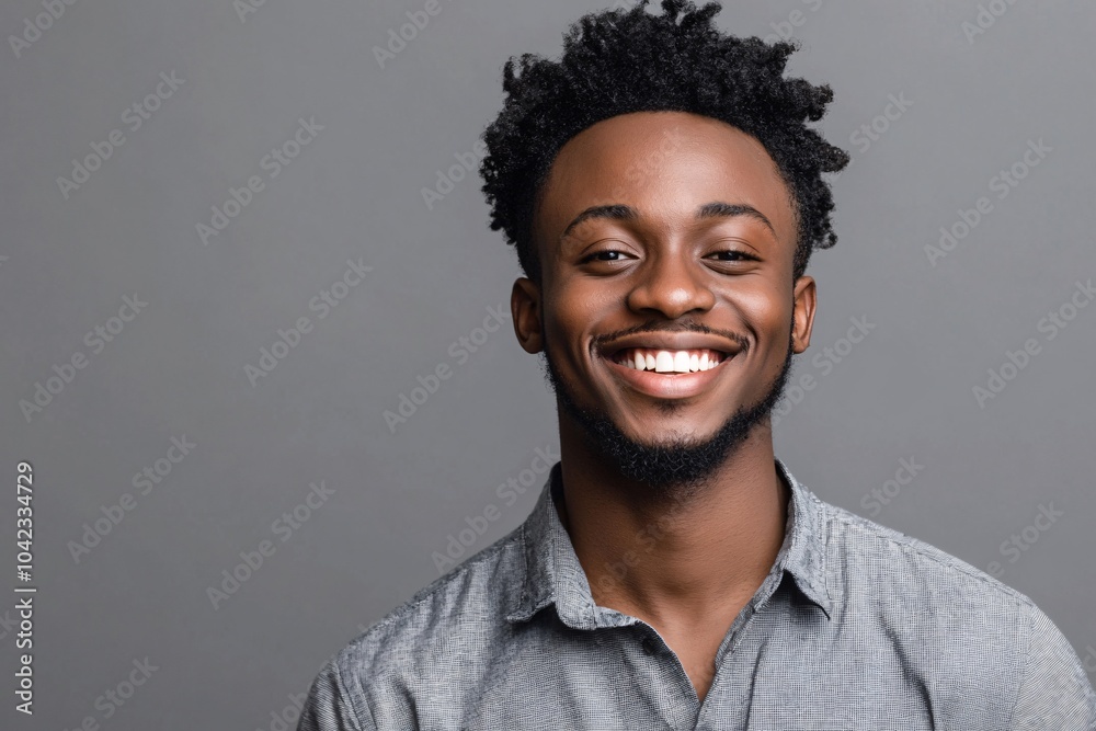 Obraz premium Young African man with short curly hair, wearing a casual shirt, smiling confidently on a grey background 3