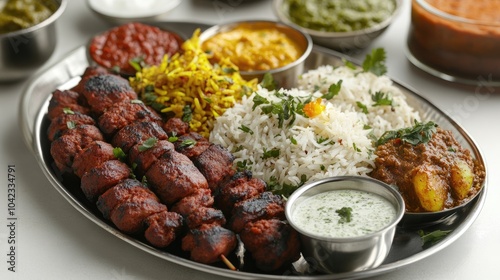 Delicious Indian Meal with Kebabs and Rice Platter