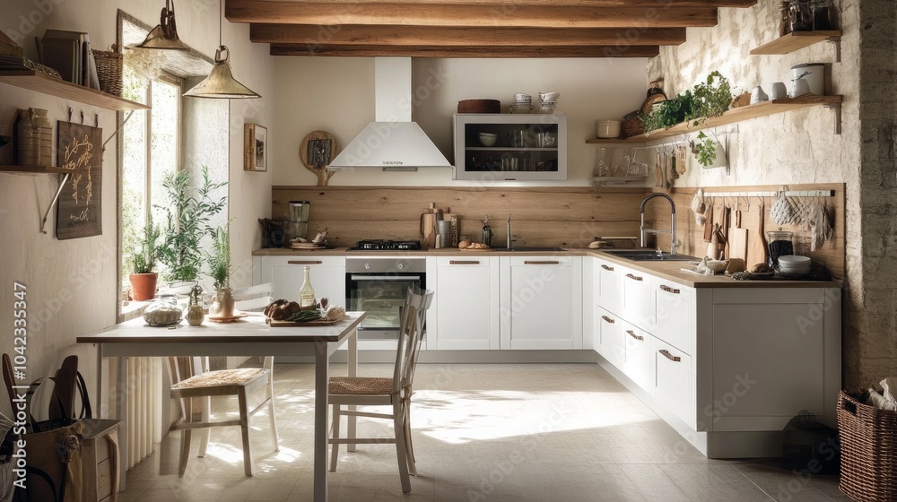 Fototapeta premium White furniture, a table and two chairs, and wood accents on the walls, ceiling, and backsplash characterize this chic and contemporary kitchen.