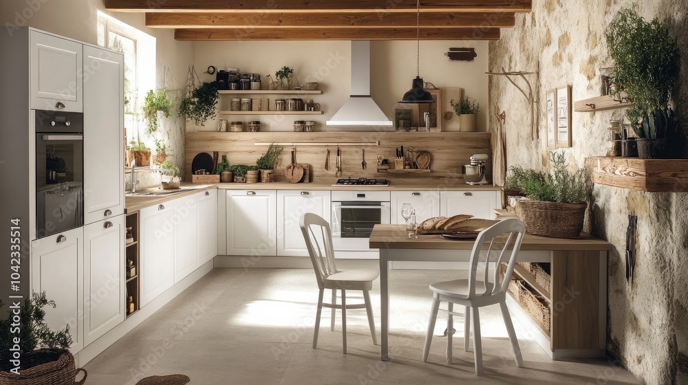 White furniture, a table and two chairs, and wood accents on the walls, ceiling, and backsplash characterize this chic and contemporary kitchen. White furniture, a table and two chairs, and wood accents on the walls, ceiling, and backsplash characterize this chic and contemporary kitchen.