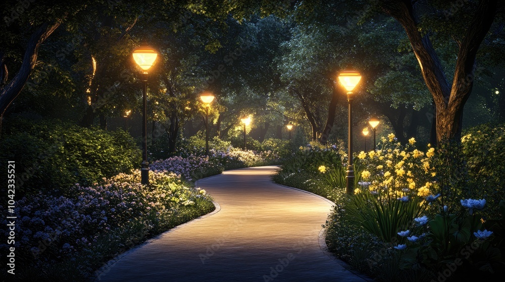 Obraz premium Serene Night Walk in a Flower Garden Pathway