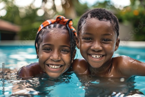 Two smiling children enjoying a swim in a pool photo