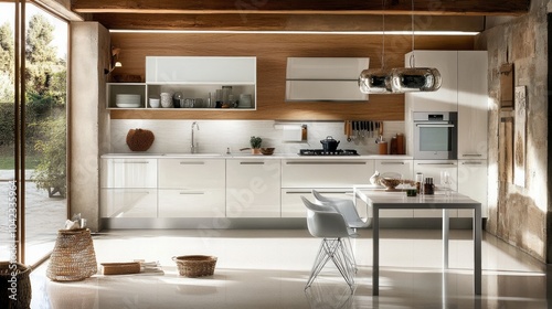 White furniture, a table and two chairs, and wood accents on the walls, ceiling, and backsplash characterize this chic and contemporary kitchen.