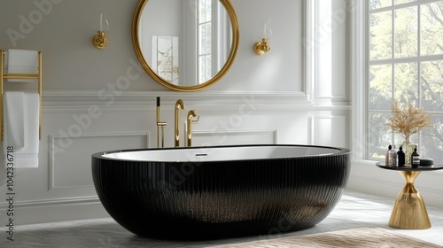 Black Freestanding Bathtub with Gold Accents in a Luxurious Bathroom photo