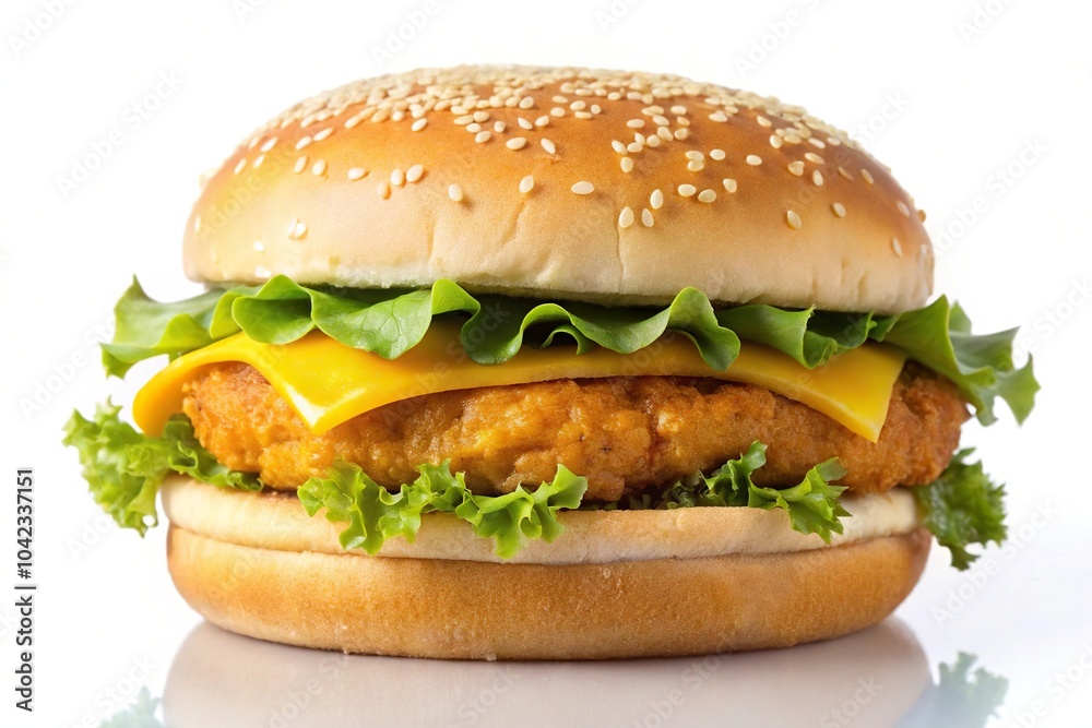 Delicious cheeseburger with chicken cutlet silhouette on white background Delicious cheeseburger with chicken cutlet silhouette on white background