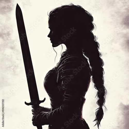 Silhouette of a female warrior holding a sword.