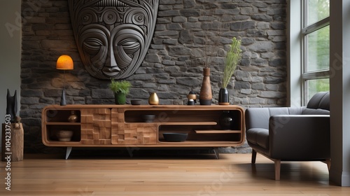 Fototapeta Naklejka Na Ścianę i Meble -  A stunning wooden cabinet featuring carved sculptures, adding a unique artistic touch to a minimalist modern living room.
