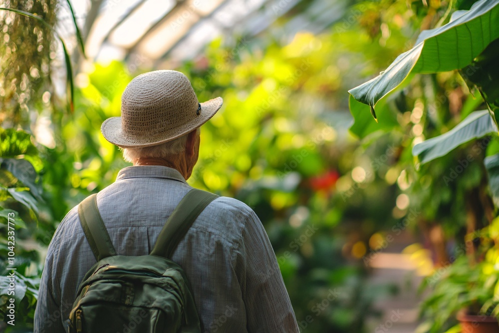 Fototapeta premium An elderly man enjoying morning walks in a nearby botanical garden, observing rare plants and enjoying the therapeutic benefits of nature 2