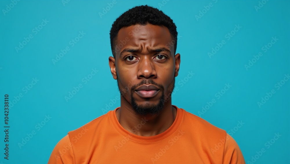 Portrait of puzzled African American man in orange top set against vibrant blue backdrop Portrait of puzzled African American man in orange top set against vibrant blue backdrop