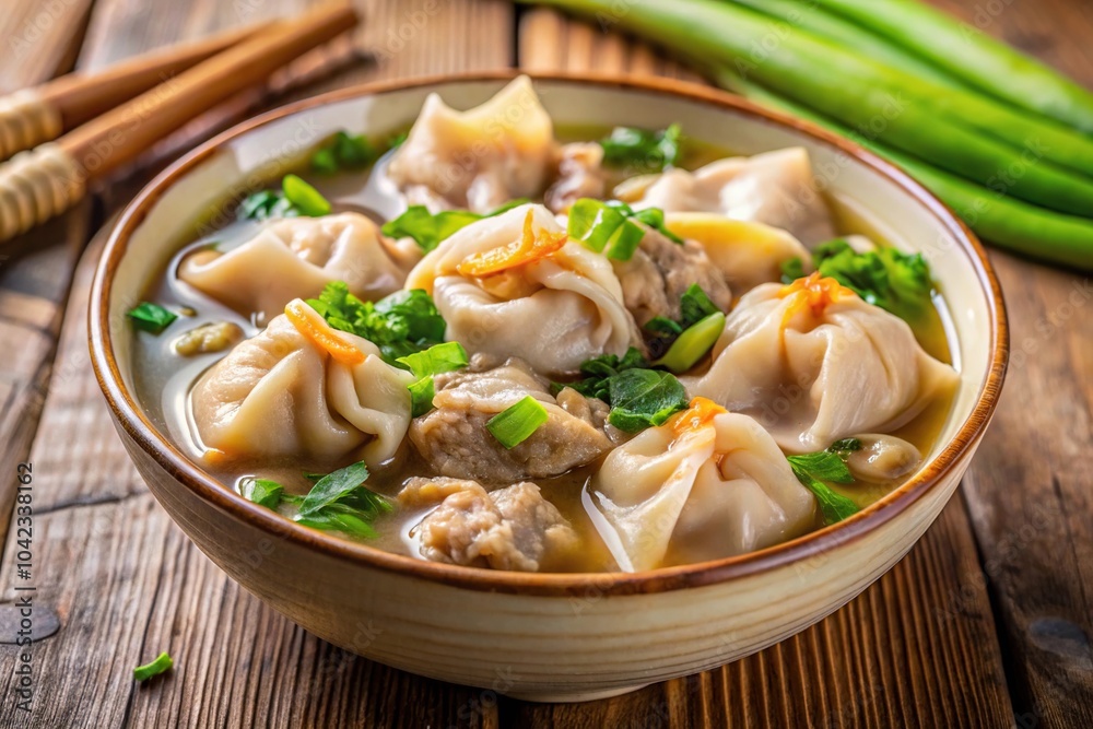Delicious chifa-style wantan soup surrounded by chicken, beef, and pork Delicious chifa-style wantan soup surrounded by chicken, beef, and pork