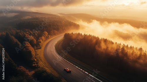 Sleek Red Racing Car Navigates Eau Rouge at Spa-Francorchamps: Morning Mist, Golden Sunlight, and Tire Marks in a Cinematic Aerial Perspective. High Sharpness. photo