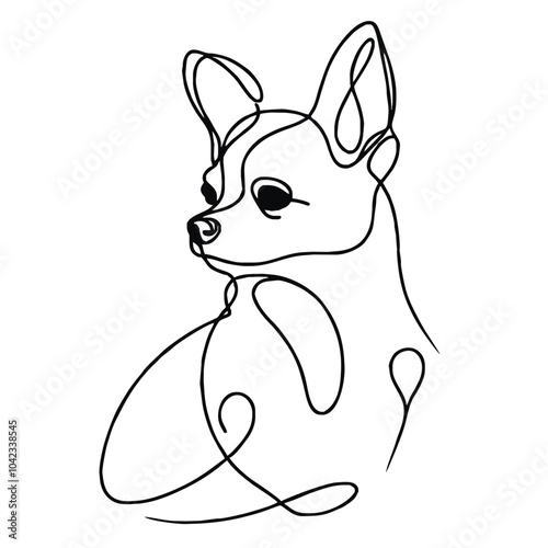 A simple continuous line drawing of a dog of the breed Chihuahua. The artwork is minimalistic, capturing the essence of the object with a single unbroken line