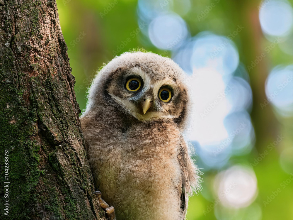 Fototapeta premium owl peeking through the forest tree