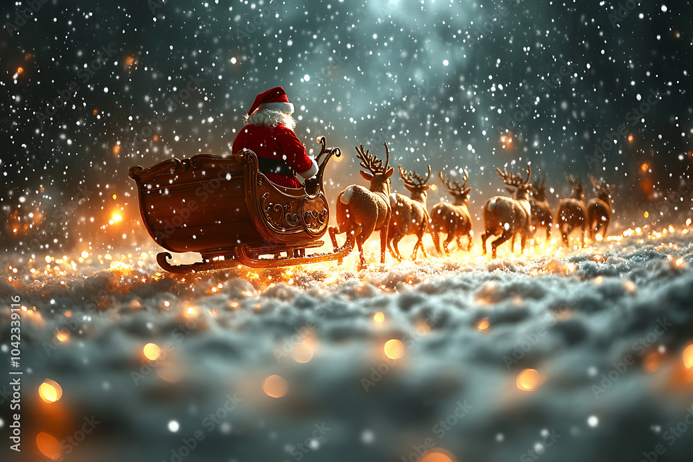 Santa Claus rides in a sleigh pulled by reindeer, soaring through a snowy winter night with stars twinkling above, creating a magical festive scene.
Santa Claus rides in a sleigh pulled by reindeer, soaring through a snowy winter night with stars twinkling above, creating a magical festive scene.