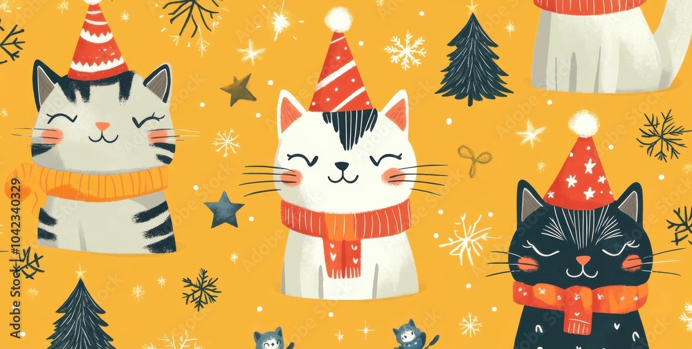 Naklejka premium Festive cartoon cats in winter attire with playful background and holiday elements